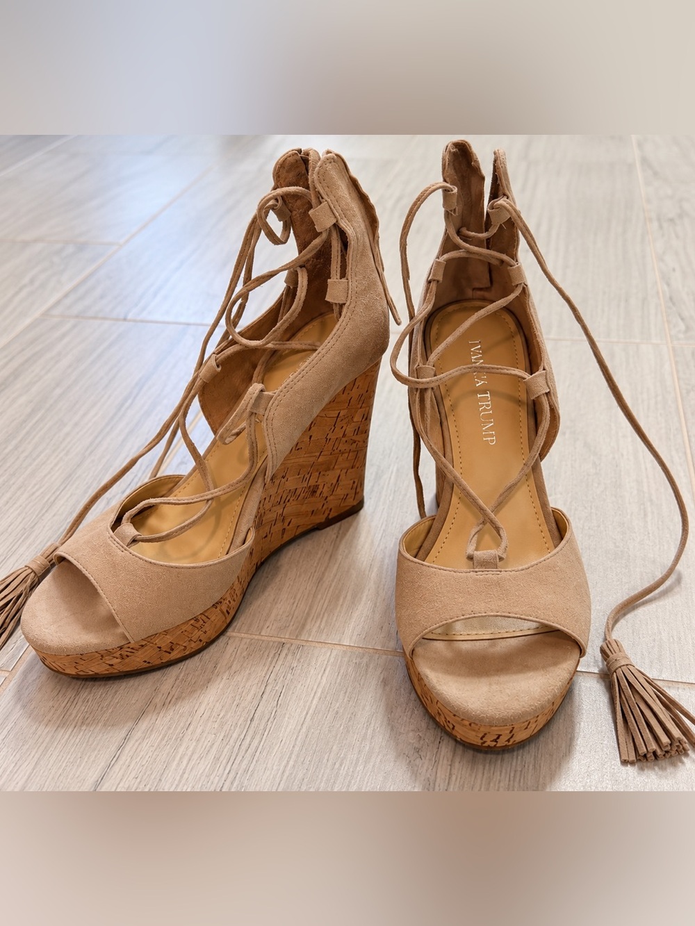 Ivanka Trump tan suede lace-up cork wedge sandals